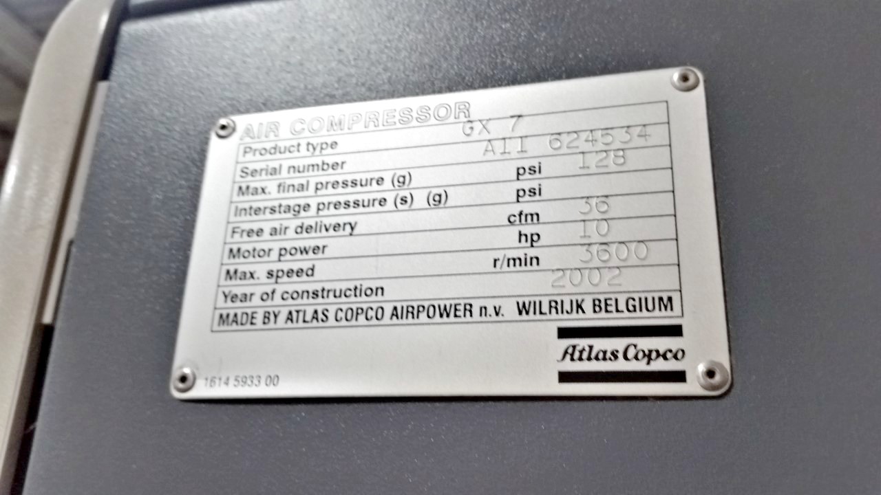 Atlas Copco GX7 10-HP 71-Gallon Rotary Screw Air Compressor w/ Dryer (used) Item # UGW-24