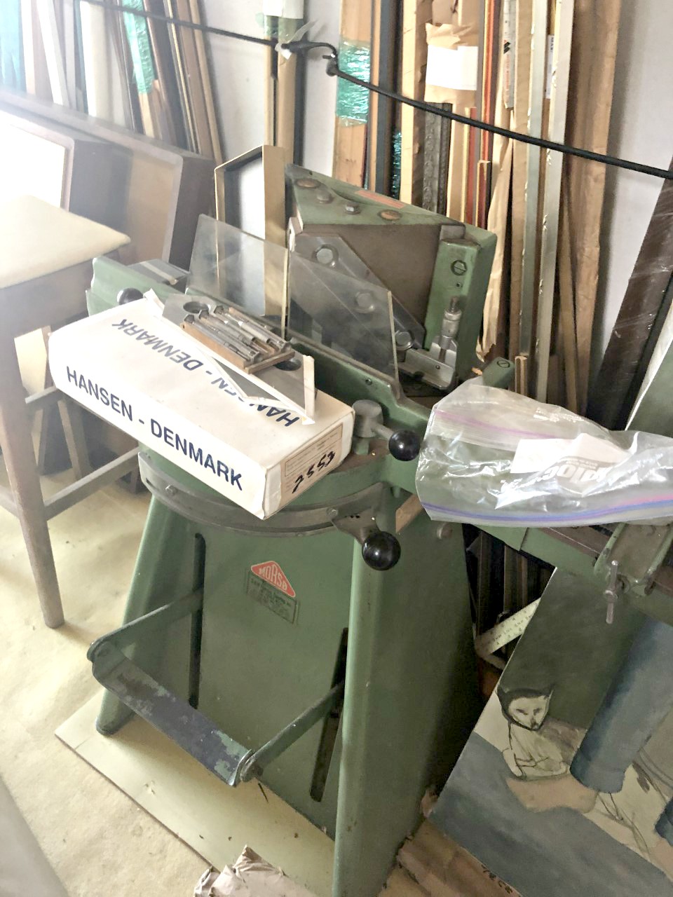 Picture Framing Equipment Lot: Morso Chopper, C&H Oval Mat & Glass Cutter / Circle Cutter, Assorted Hardware, Assorted Matboard, Assorted Wood Moulding, Miter Saw Hand Cutter, & Ingento Paper Cutter (Used) Item # AGFS-79 (New York)