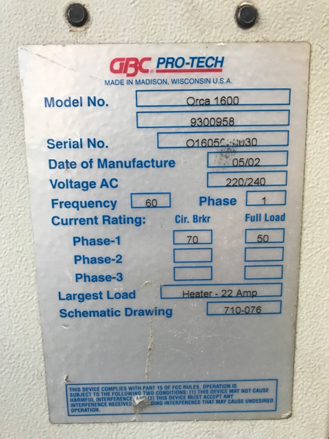 GBC Pro-Tech Orca 1600 Laminator (Used) Item # UPE-101 (NJ)