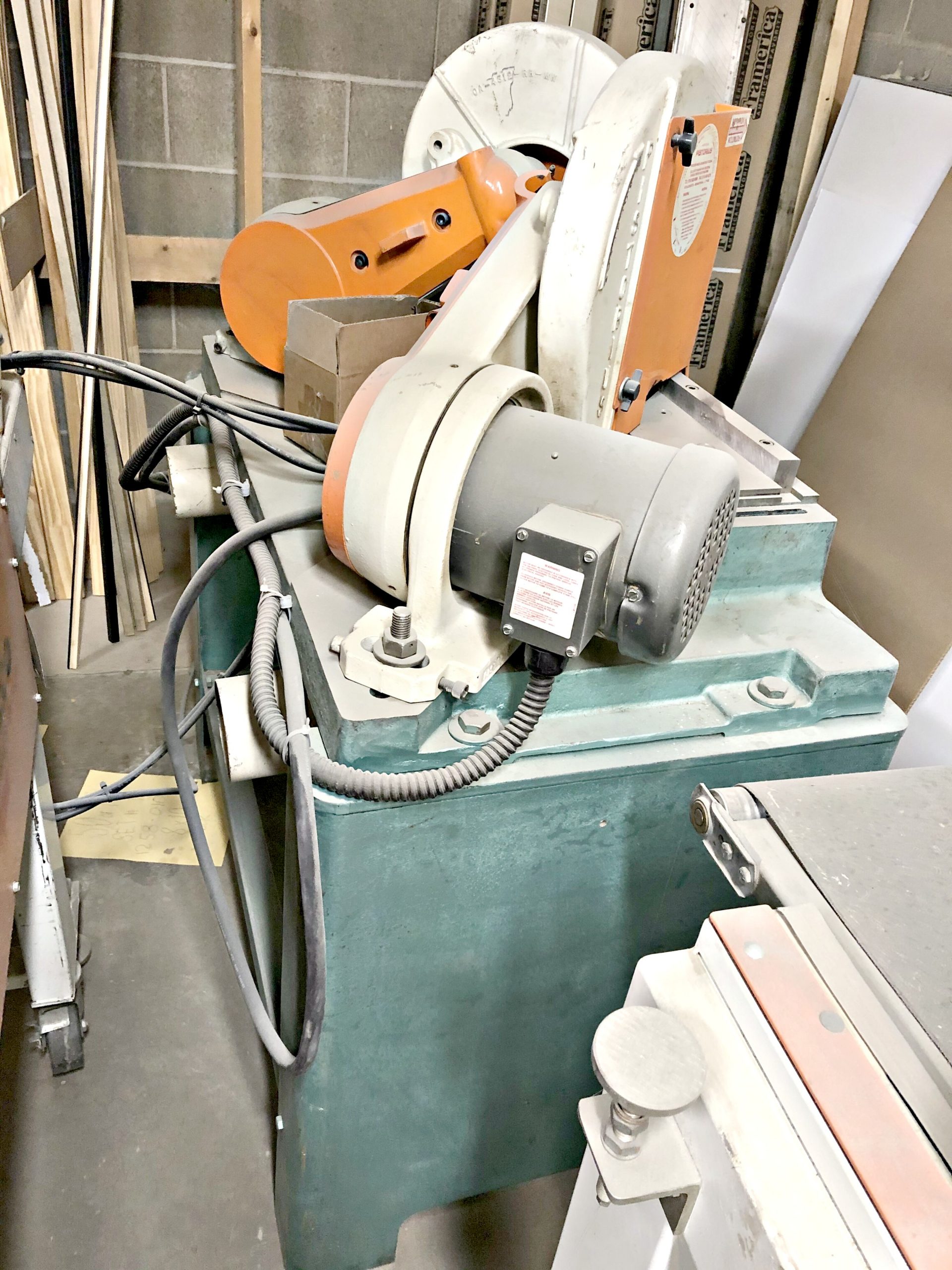 Equipment Lot: Pistorius MN-200 Double Miter Saw, ITW AMP VN4+E3 Frame Joiner, Belco ILS 3022 L- Sealer, & Belco Shrink Tunnel (Used) Item # AGFS-94 (Illinois)