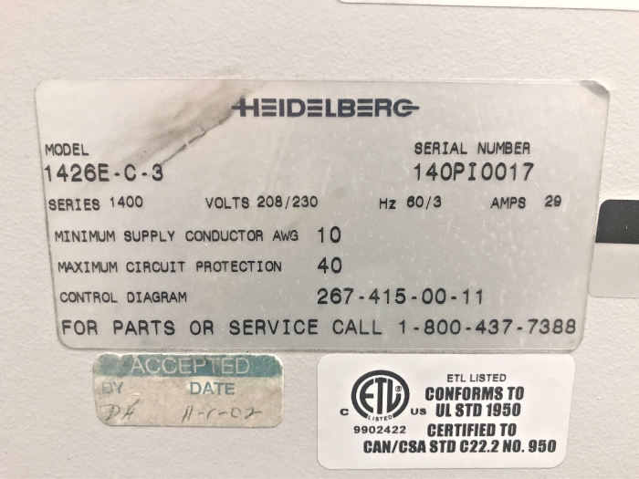 Heidelberg Stahl B26 6/4 with Roll Up Delivery Machine (Used) Item # UE-030620C (North Carolina)