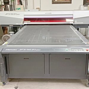 Equipment Lot: Mimaki UV JFX-1631 Plus Flatbed Printer, Mitre-Mite VN4E3 Underpinner, USCutter & Supplies (Used) Item # UE-052021A (California)