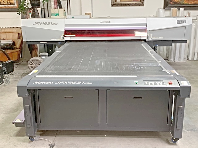 Equipment Lot: Mimaki UV JFX-1631 Plus Flatbed Printer, Mitre-Mite VN4E3 Underpinner, USCutter & Supplies (Used) Item # UE-052021A (California)