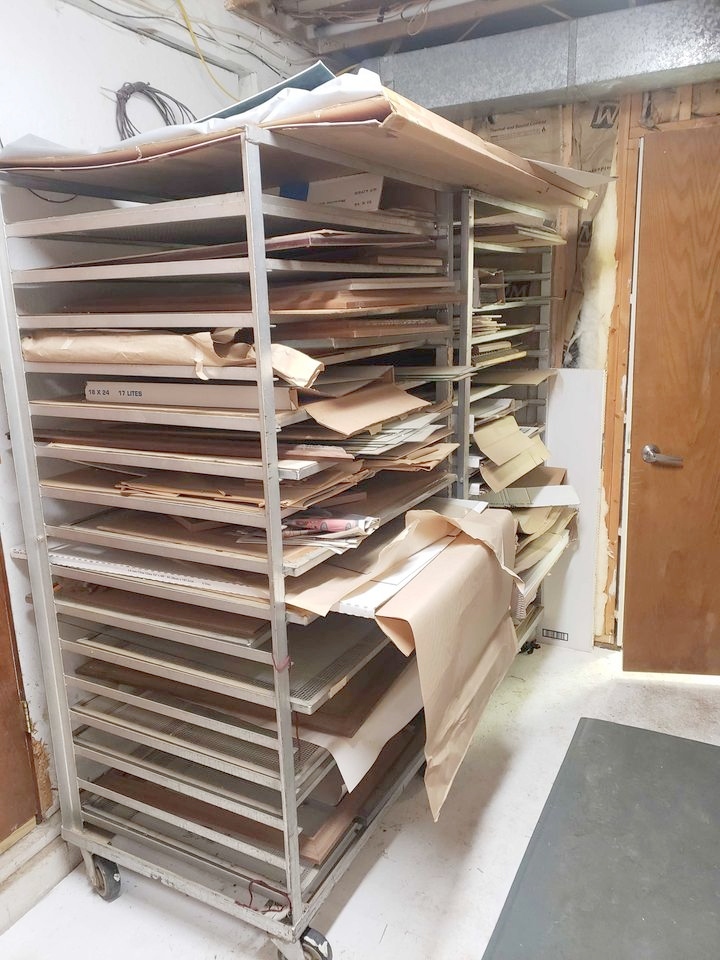 Picture Framing Equipment Lot: Wizard 8000 CMC Mat Cutter, Morso Chopper, Frame Square Saw, Fletcher 3000 60″ Multi Material Cutter, Fletcher 2100 60″ Mat Cutter Cutter, Cassese Pneumatic Joiner, Electric Miter Sander, Shrink Wrap Machine, Assorted Supplies, & Assorted Rack (Used) Item # UE-111320C (Iowa)