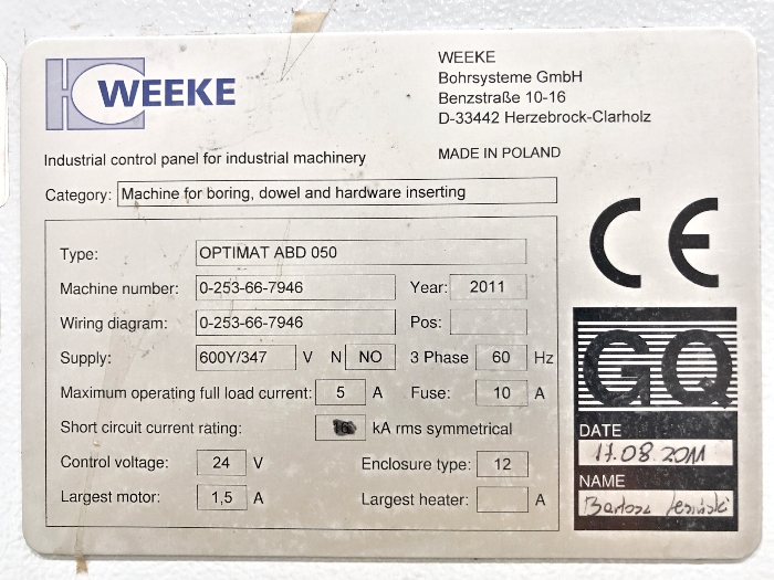 Weeke ABD 050 Optimat CNC Drilling & Dowel Inserting Machine (Used) Item # UE-100120E (Canada)