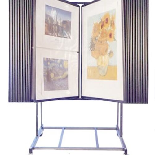 Convertible Steel Display with 30 Panels - Poster / Artwork / Photo Display Panel Flip Swing Rack on Rollers (New) Item # JJ-101000