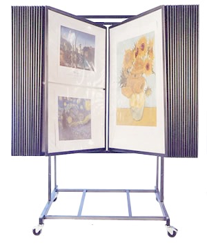 Convertible Steel Display with 30 Panels – Poster / Artwork / Photo Display Panel Flip Swing Rack on Rollers (New) Item # FAD-15