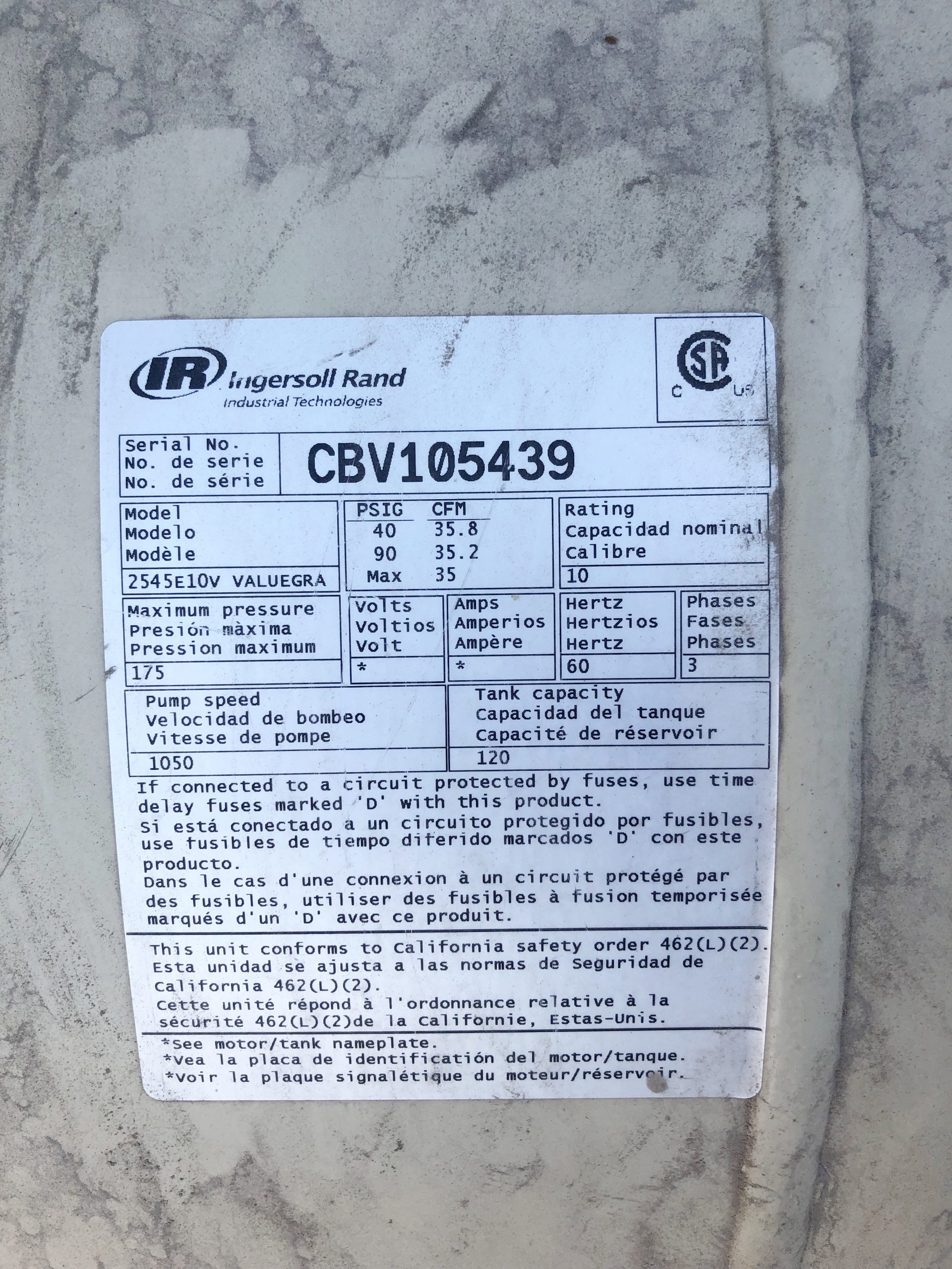 Ingersoll Rand 2545 E10V Air Compressor (Used) Item # UE-072321C (California)