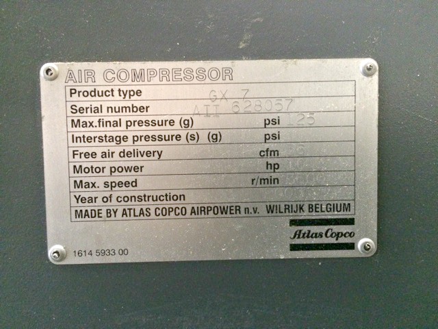 Atlas Copco GX7 Rotary Screw Air Compressor (used) Item # UGW-59  (North Carolina)