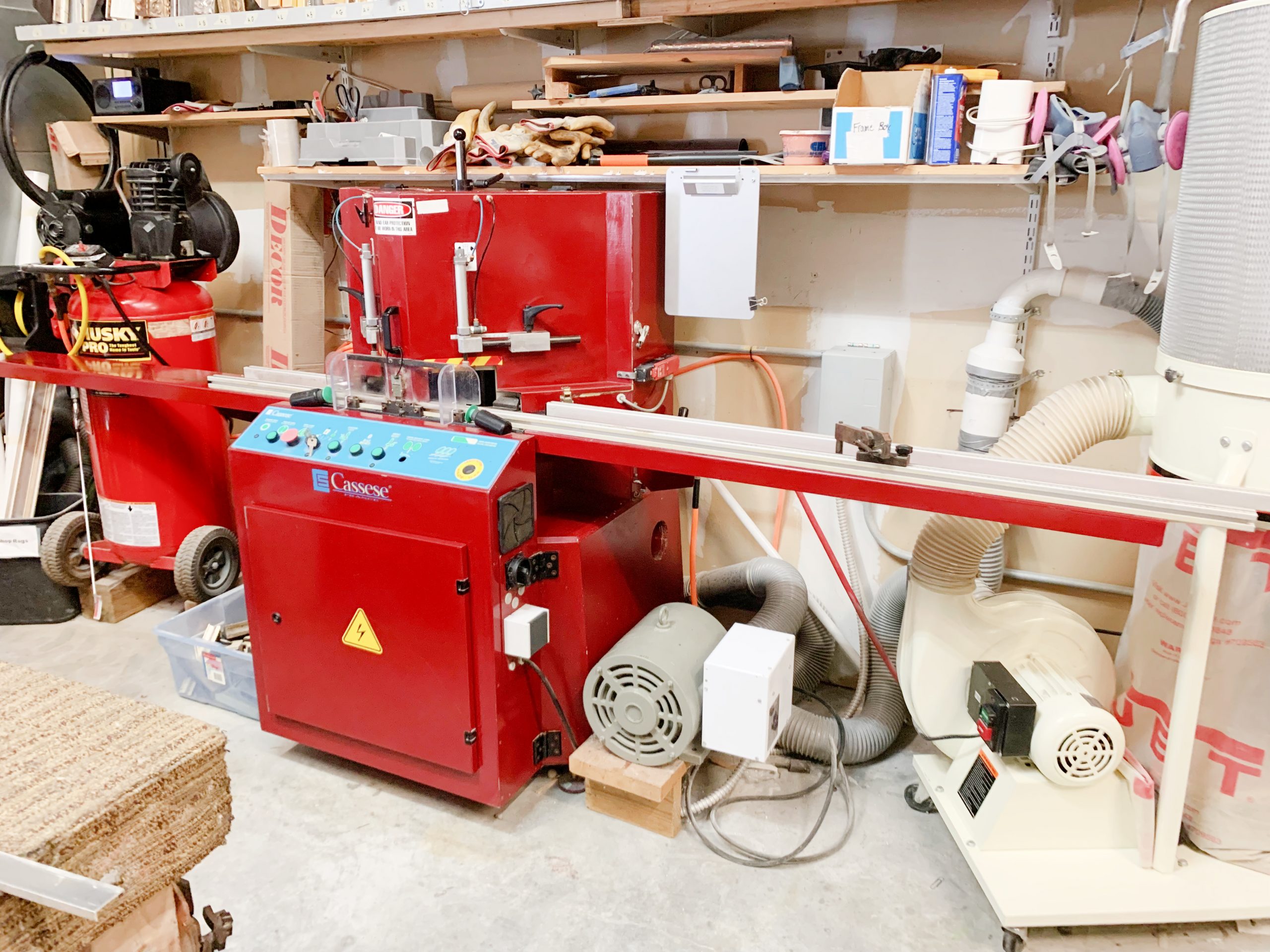 Picture Framing Equipment Lot: Cassese CS999 Double Miter Saw, ITW AMP VN2+1 Vnailer & Vertical Moulding Racks (Used) Item # UE-041922A (Louisiana)