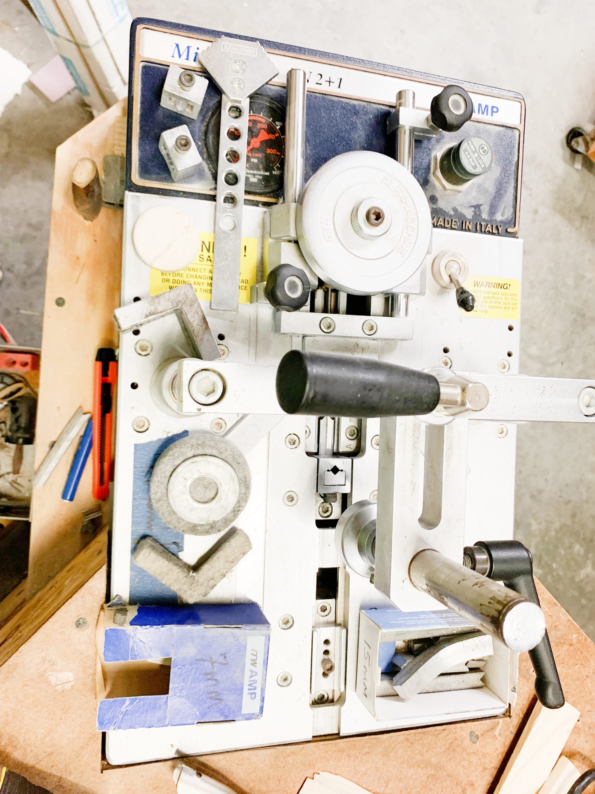 Picture Framing Equipment Lot: Cassese CS999 Double Miter Saw, ITW AMP VN2+1 Vnailer & Vertical Moulding Racks (Used) Item # UE-041922A (Louisiana)