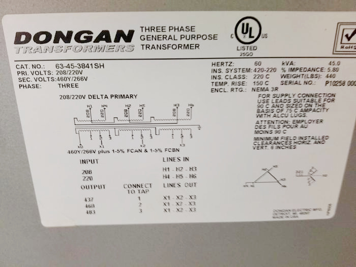 Dongan 45KVA Transformer (used) Item # UE-072522B (Wisconsin)