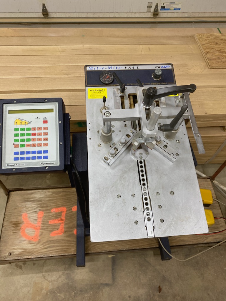 Equipment Lot: ITW AMP Mitre-Mite VN4L / VN4+E3 Joiner w/ Electronic Computer, ITW AMP Mitre-Mite VN42 Frame Joiner / Vnailer, & Used Fletcher AMP Double Hydraulic Clamp AMP U500 & U600 Joiner Accessory (Used) Item # UE-121622B