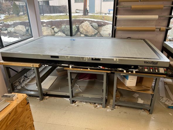 Picture Framing Equipment Lot: Vacuseal 5298H Vacuum Press, 4468H Press, Pistorius MN200 Double Miter Saw (Used) [Burlington, MA] Item # UE-013020B