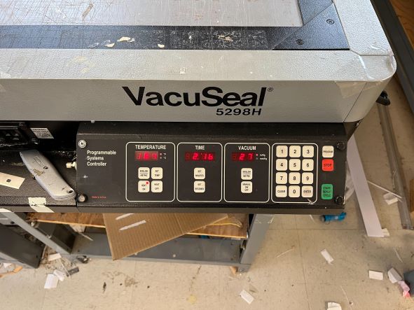 Picture Framing Equipment Lot: Vacuseal 5298H Vacuum Press, 4468H Press, Pistorius MN200 Double Miter Saw (Used) [Burlington, MA] Item # UE-013020B