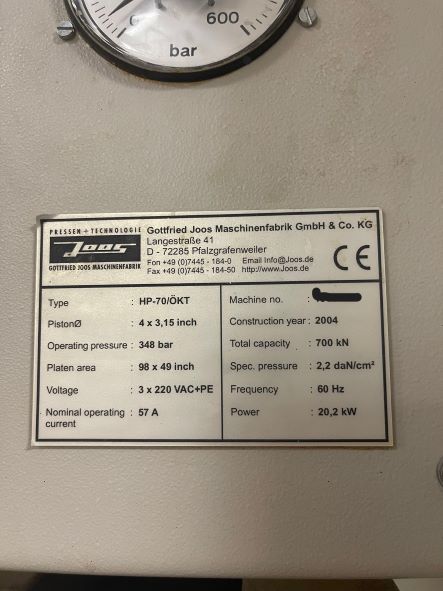 Joos-Quality-Press Basic HP 70 ÖKT Hydraulic Hot Press (Used) Item # UE-020123C (California)