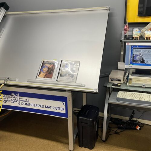 Equipment Lot: Wizard 8000 CMC Computerized Mat Cutter, Bienfang Masterpiece 550 Dry Mount Heat Press, Jyden Chopper w/ 5 ft Extension, & Neon Picture Framing Store Sign (Used) Item # UE-020623B