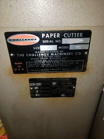 Equipment Lot: Challenge Champion 305MC Paper Cutter, Potdevin ZF / Z 21″ Hot Gluer, Printing Industries Model C Manual Corner Rounder Cutting Machine (Used) Item # UE-020623C