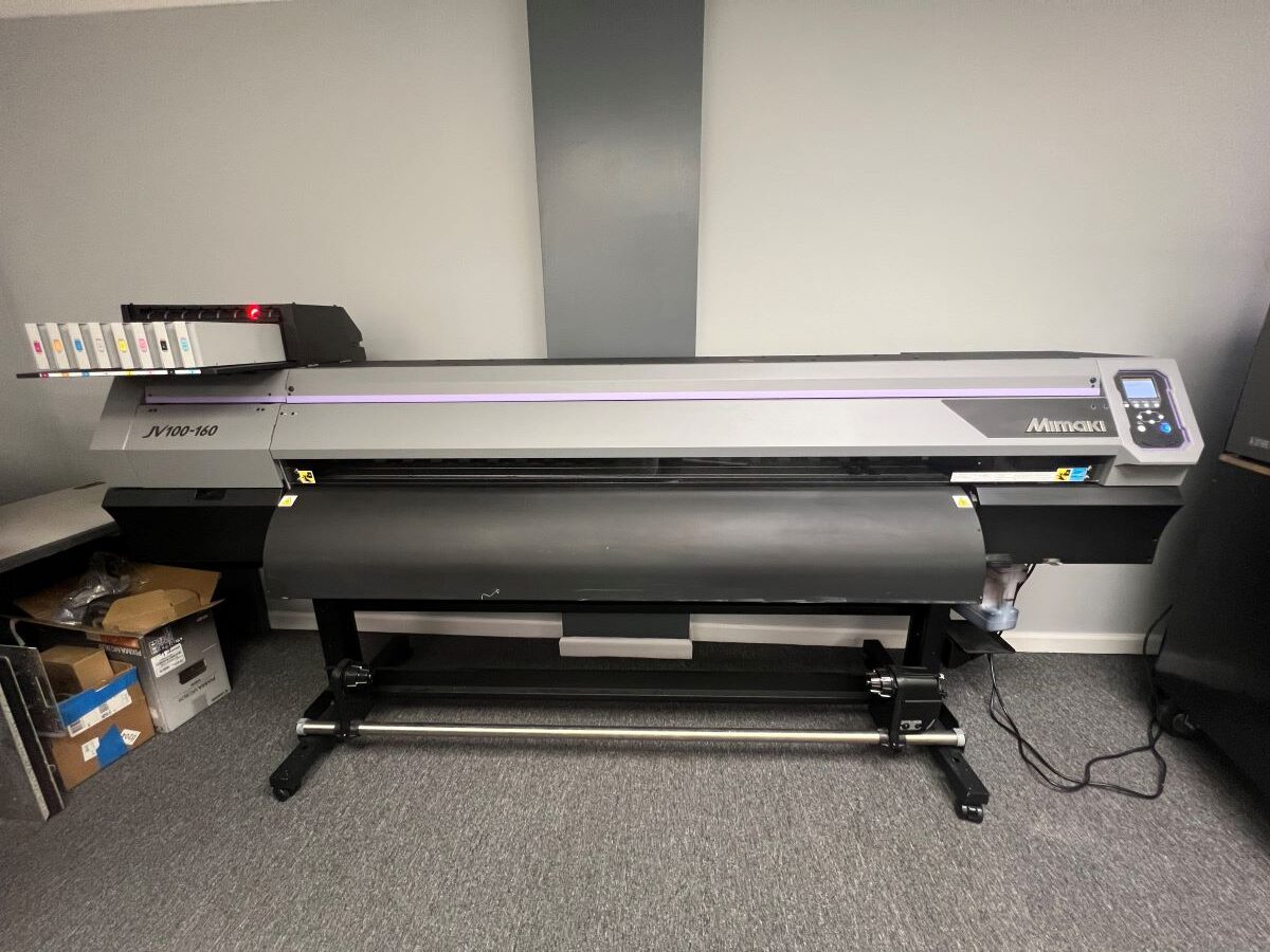 Equipment Lot: Mimaki Model LA-160W 62″ Heat Assisted Laminator, Mimaki CG-130 61″ SR III Vinyl Cutter, Mimaki JV100-160 64″ Eco-solvent Printer (Used) Item # UE-033023B