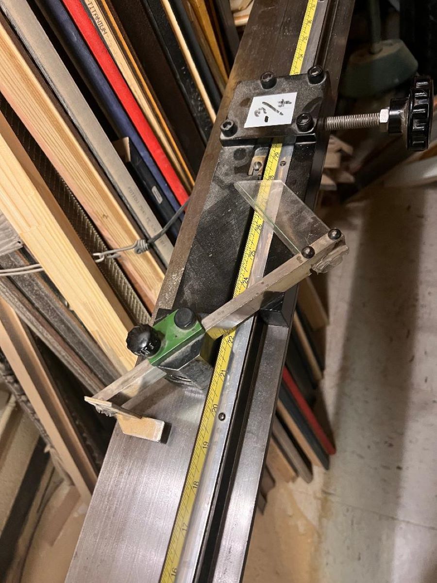 Equipment Lot: Pistorius EMN-12 Double Miter Saw w/ measuring table, Bienfang 4468H Vacuum Press w/ Factory Stand, Fletcher 3000 60″ Multi Material Cutter, ITW AMP VN42, Fletcher 2100 Mat Cutter (Used) Item # UE-040523E