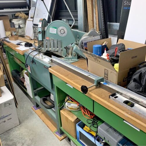 Equipment Lot: CTD D20R Double Miter Saw, ITW AMP VN2+1 Frame Joiner, ITW AMP Disc Sander, C&H Thumbnailer TN1000, & Coleman Powermate Compressor VP201 (Used) Item # UE-062023C