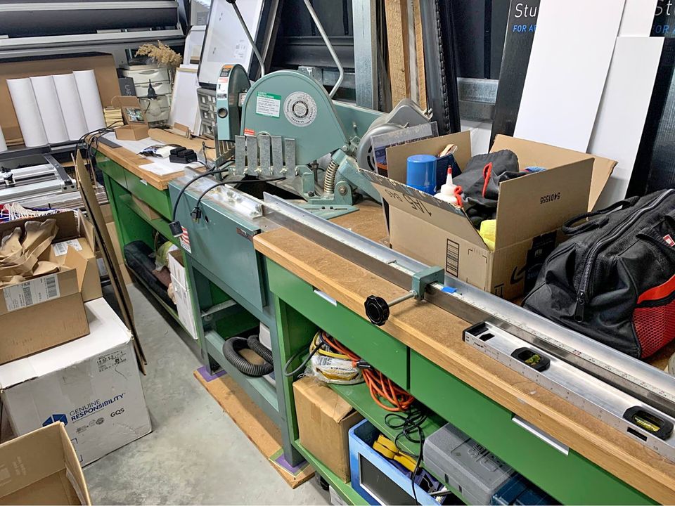 Equipment Lot: CTD D20R Double Miter Saw, ITW AMP VN2+1 Frame Joiner, ITW AMP Disc Sander, C&H Thumbnailer TN1000, & Coleman Powermate Compressor VP201 (Used) Item # UE-062023C