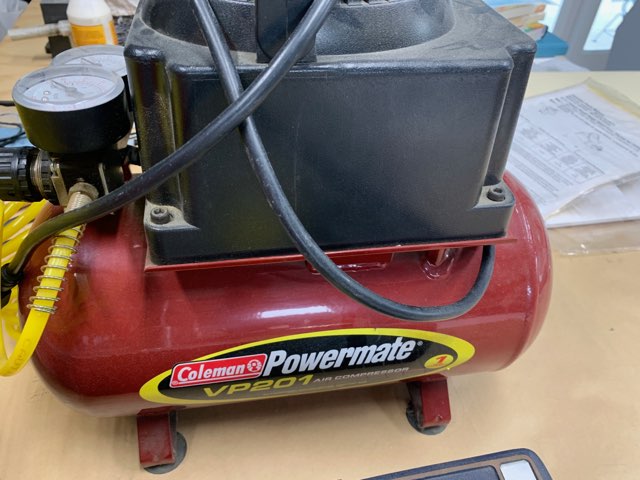 Equipment Lot: CTD D20R Double Miter Saw, ITW AMP VN2+1 Frame Joiner, ITW AMP Disc Sander, C&H Thumbnailer TN1000, & Coleman Powermate Compressor VP201 (Used) Item # UE-062023C