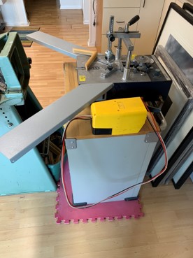 Picture Framing Equipment Lot: Vacuseal 3444H Vacuum Heat Press, ITW AMP Mitre Mite VN 2+1 Joiner, Morso Chopper with Measuring Table & Stop, Fletcher 3000 60″ Multi Material Cutter, Fletcher 2100 60″ Mat Cutter, & Sturges Etching Press CP/4 (Used) Item # UE-071723A