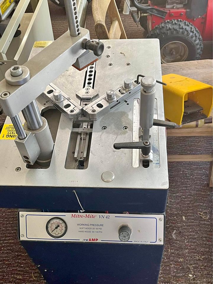 Equipment Lot: ITW AMP VN42 Frame Joiner, Assorted Framing Tools and Supplies: Logan Mat Cutter, Manual Point Drivers, Assorted Picture Frame Hanging Hardware (Used) Item # UE-080723B