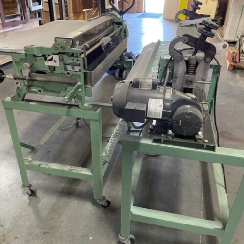 Equipment Lot: Pistorius MN-100 Double Miter Saw, Fletcher Saber 250-A Sawtooth Hanger Insertion Machine, Potdevin NTZ32 Cold Gluer, Potdevin W36 Rotary Press, Siat Semi-Automatic Pallet Wrapper, Pistorius MN200 Double Miter Saw, Pistorius EMN-14 Double Miter Saw, & Pallet Rack Decking Lot (Used) Item # UE-090623A