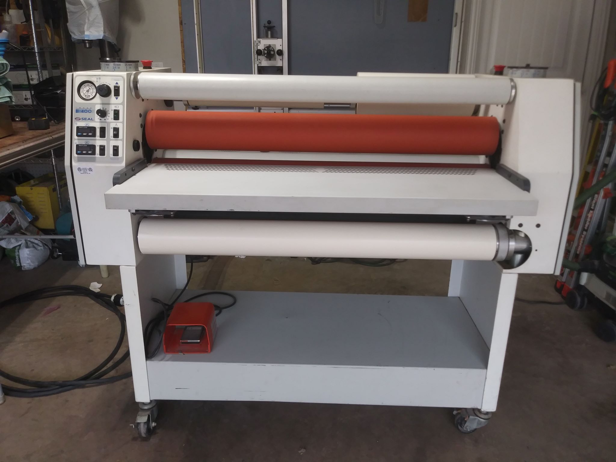 Equipment Lot: Esterly Speed-Mat 4060 Mat Cutter, Fletcher 3000 60″ Multi- Material Cutter, Seal Image 400 Dual Heated Roller Laminator, Gapp 60 inch Canvas Stretch Master, ITW AMP Mitre-Mite VN 2 +1 V (Fletcher U300/U-300) Vnailer, Hitachi 12 inch Sliding Compound Miter Saw, Knapp 5-in-1 Combo Woodworking Machine 410 Profit, Grizzly Dust Collector 4 inch, Canon imagePROGRF iPF8400 (Used) Item # UE-091123A