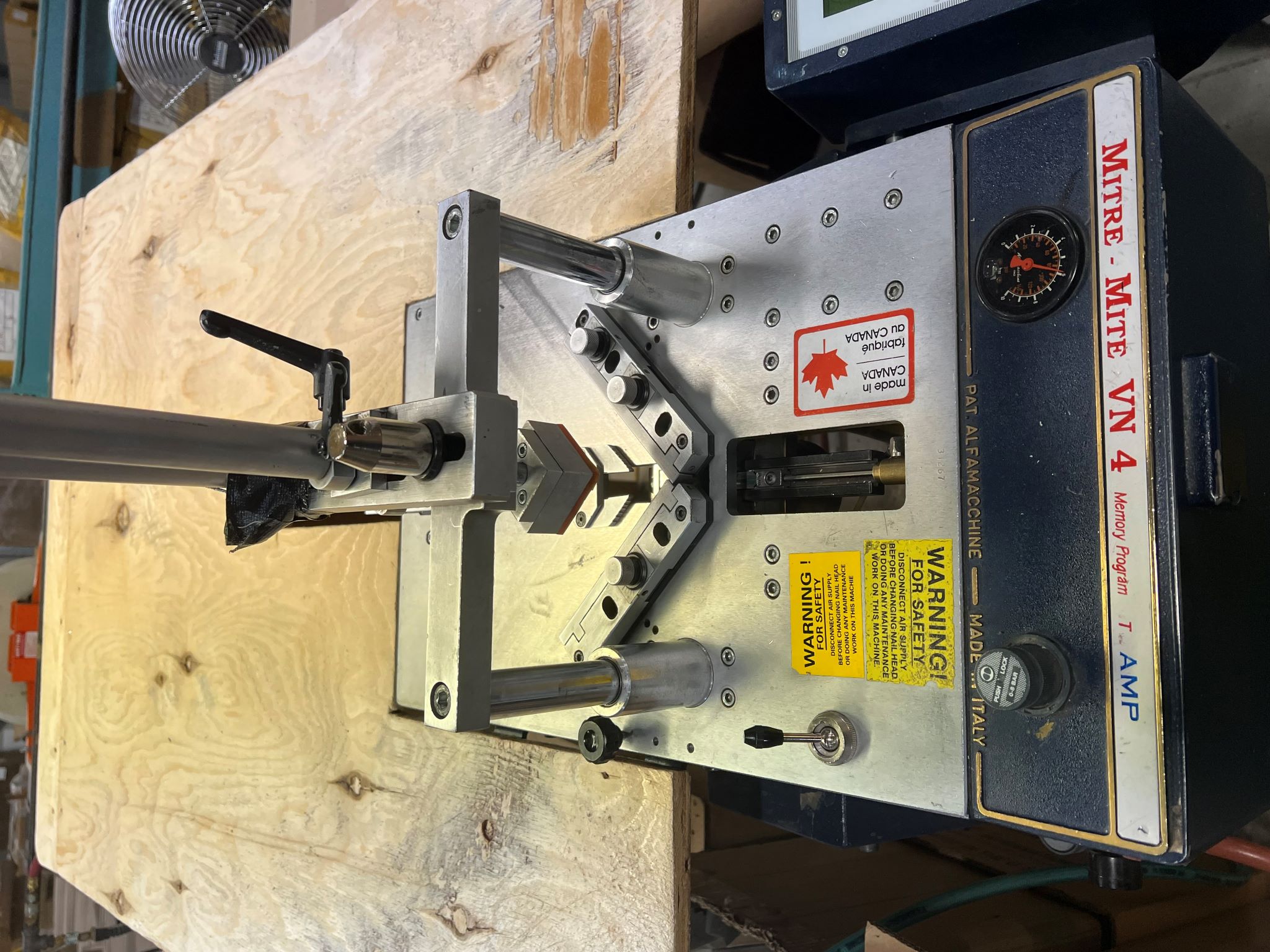 Equipment Lot: Fletcher AMP U-500 / U500 Single Channel Programmable Joiner, Fletcher AMP T-400 / T400 Double Mitre Saw, Hammond Power Solutions HPS SG3A0015PB 15KVA Sentinel Series Transformer, & ITW AMP VN4MP Programmable Frame Joiner
