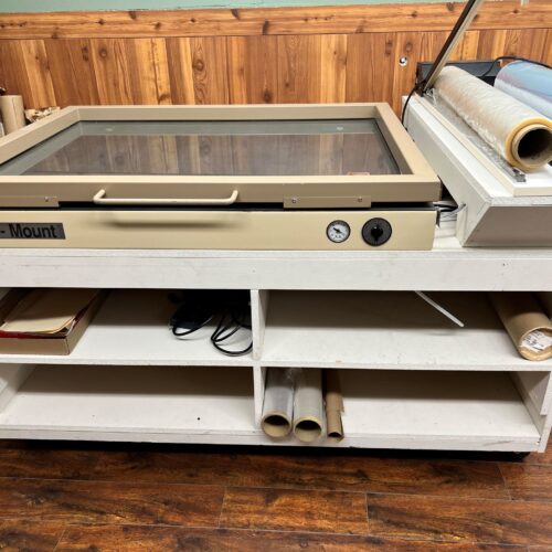 Equipment Lot: Print-Mount Vacuum Press, Traco SS-40SS Standard Manual SuperSealer Shrink Wrap Machine, Seal Masterpiece 500T Mechanical Heat Press, C&H BG6000 Multi Material Cutter, & Fletcher 1100 Oval / Circle Cutter (Used) Item # UE-112823D