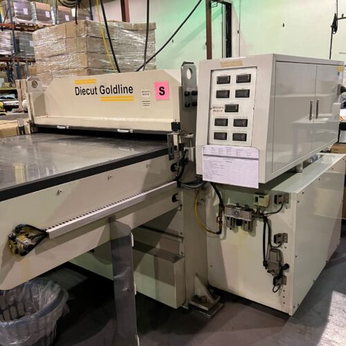 Equipment Lot: Diecut Goldline 1300 Platen Die Cutter, Shenzhen Kinsda Packaging Machinery Roll Stand, & Beck 55