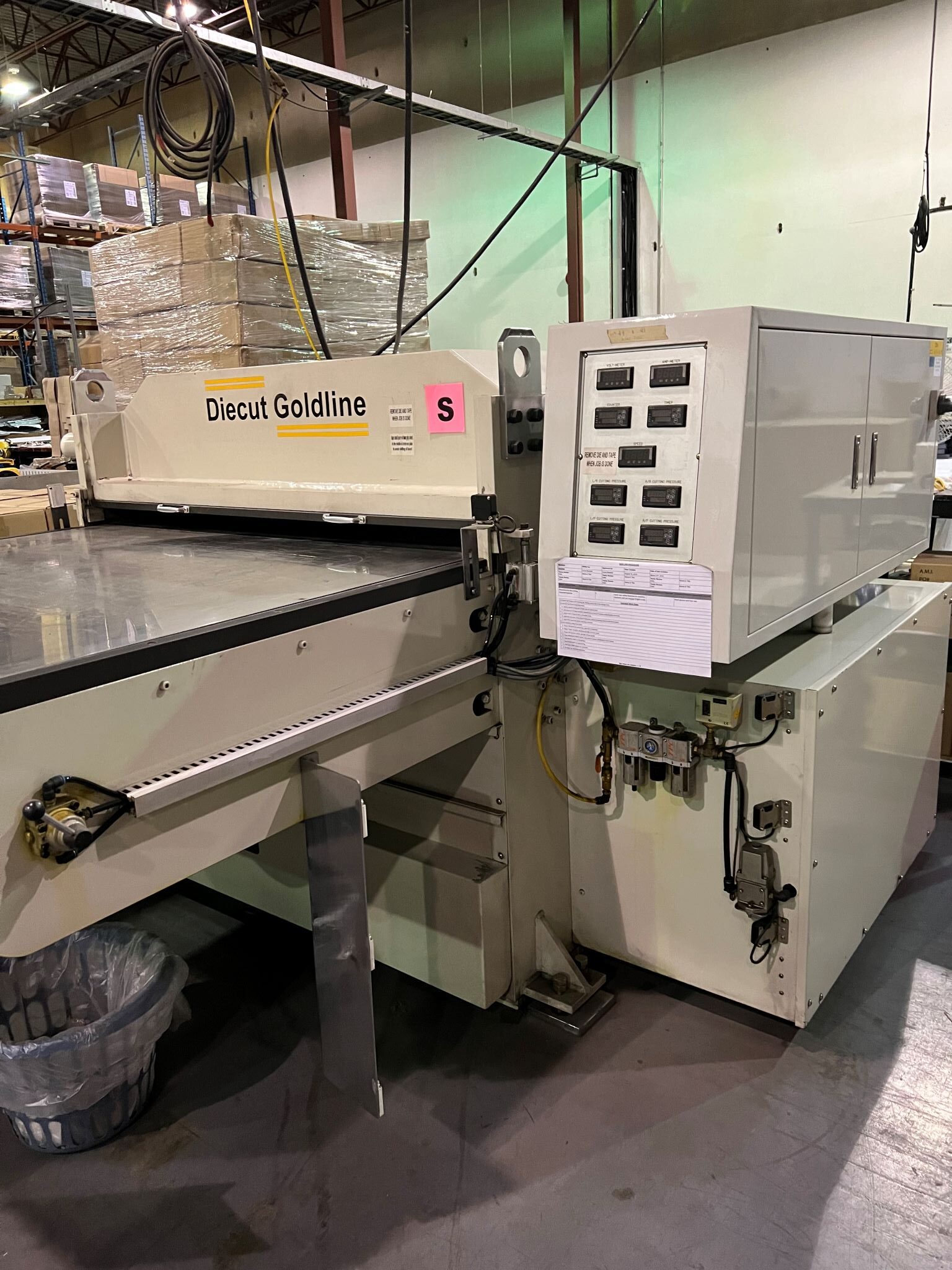 Equipment Lot: Diecut Goldline 1300 Platen Die Cutter, Shenzhen Kinsda Packaging Machinery Roll Stand, & Beck 55″ Sheeter (Used) Item # UE-020124A