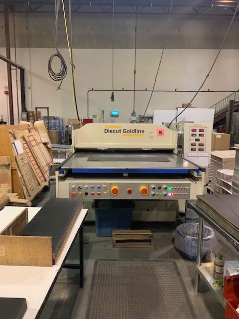 Equipment Lot: Diecut Goldline 1300 Platen Die Cutter, Shenzhen Kinsda Packaging Machinery Roll Stand, & Beck 55″ Sheeter (Used) Item # UE-020124A