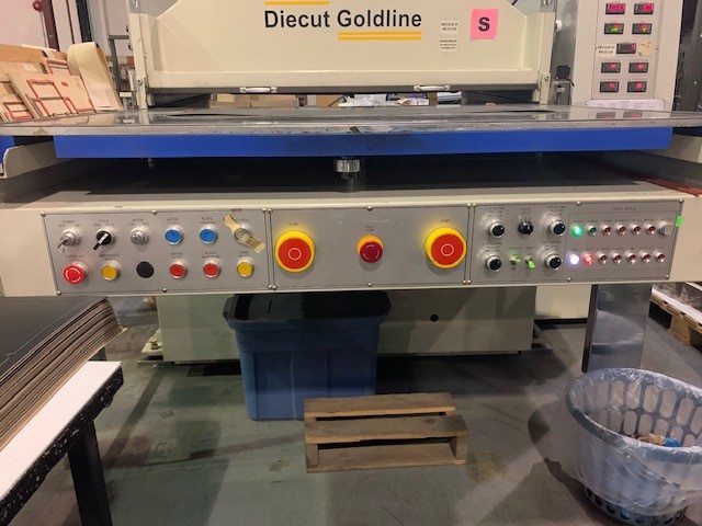 Equipment Lot: Diecut Goldline 1300 Platen Die Cutter, Shenzhen Kinsda Packaging Machinery Roll Stand, & Beck 55″ Sheeter (Used) Item # UE-020124A