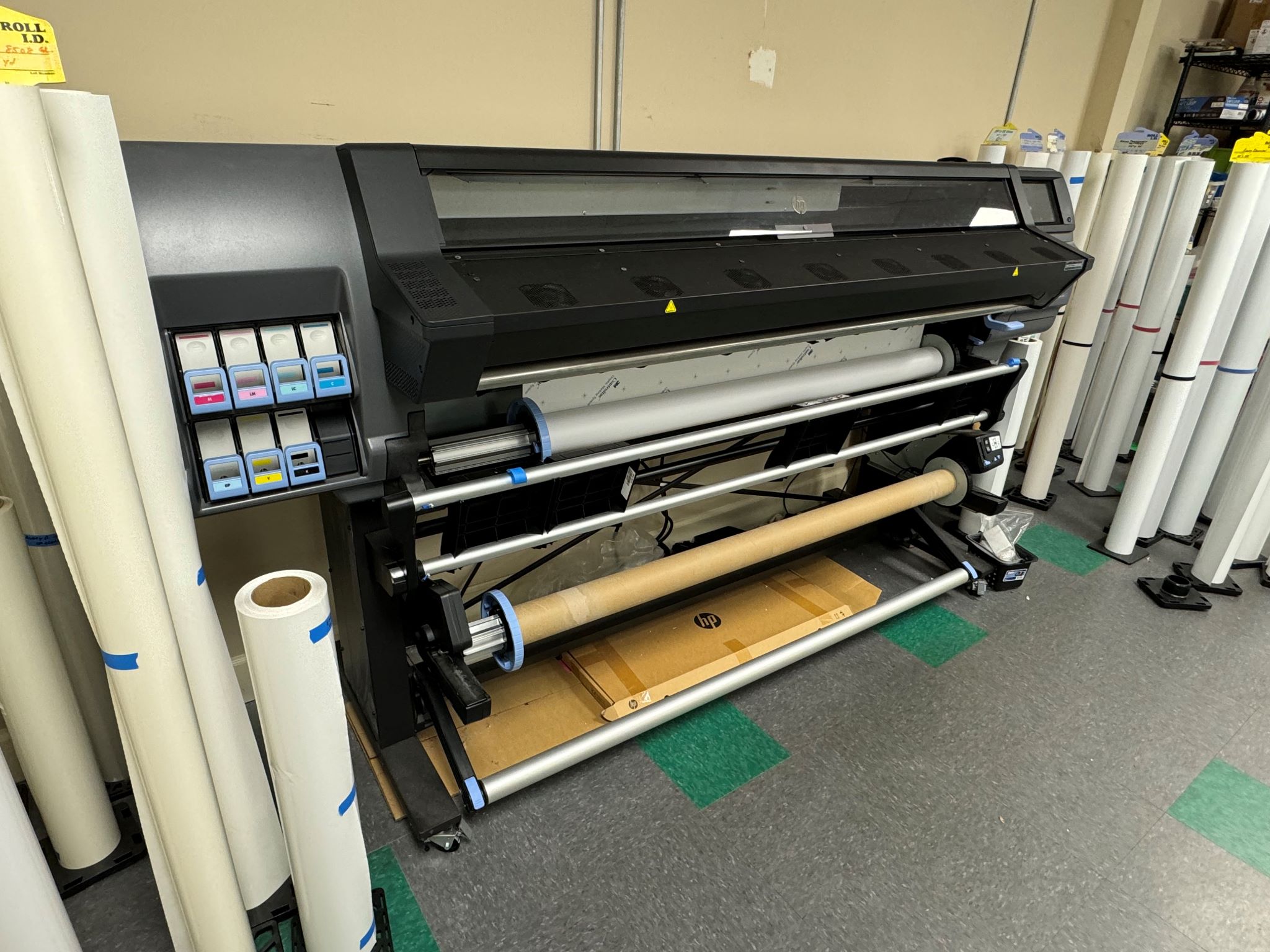 Equipment Lot: HP 365 Latex 64″ Large Format Color Printer, Graphtec FC8600-160 64″ Cutter / Cutting Plotter, & GFP 363TH Top Heat 63″ Wide Format Roll Laminator w/ Stand (Used) Item # UE-030824B