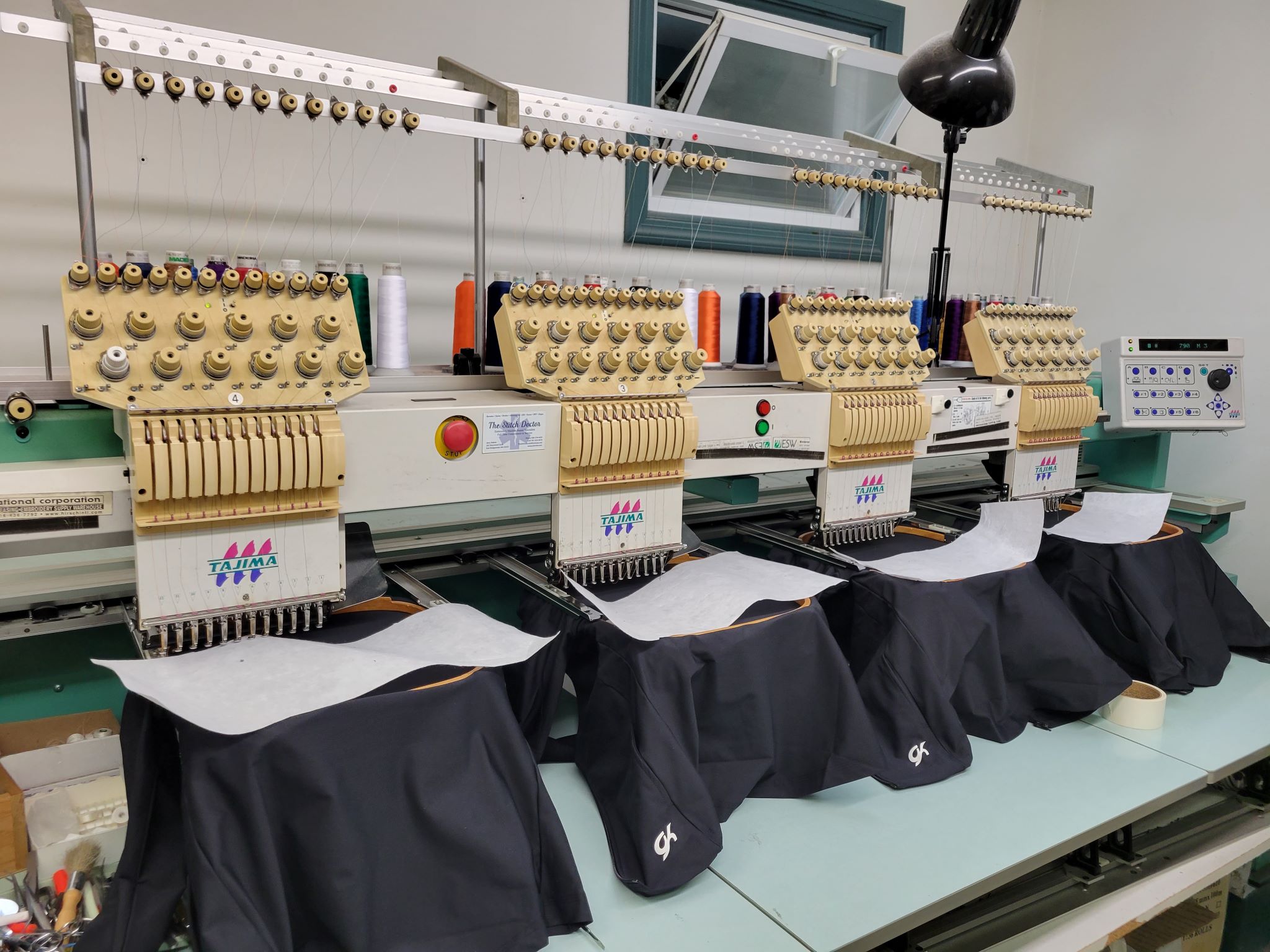 Equipment Lot: Tajima TMFX C1204 4 Head Commercial Embroidery Machine, Brother BAS-416 Single Head Commercial Electronic Embroidery Machine, & GEO Knight K20S Digital 16×20″ Digital Swing Away Press (Used) Item # UE-031524A