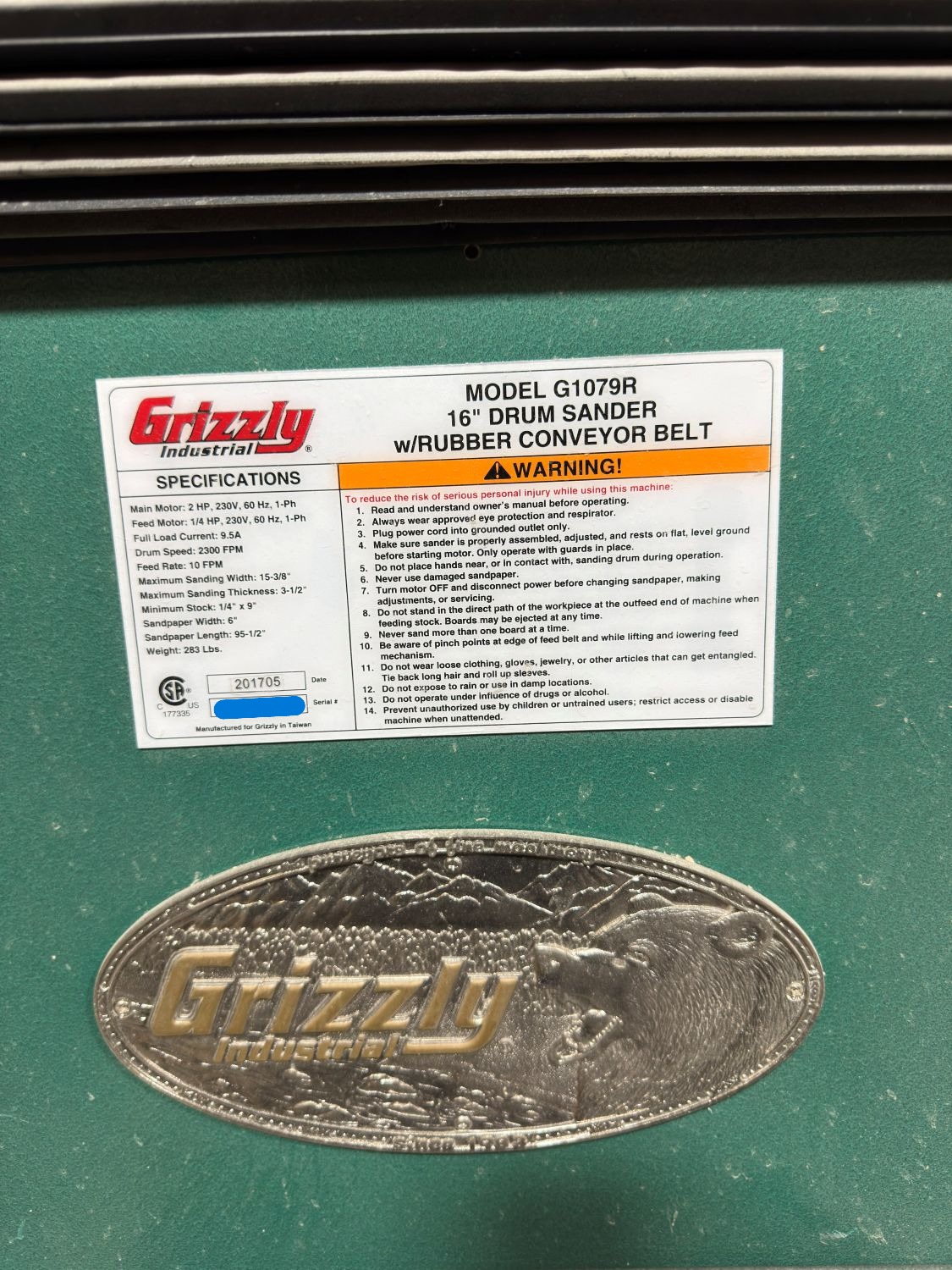 Grizzly G1079R 16″ 2 HP Drum Sander with Rubber Conveyor (Used) Item # UE-032825A