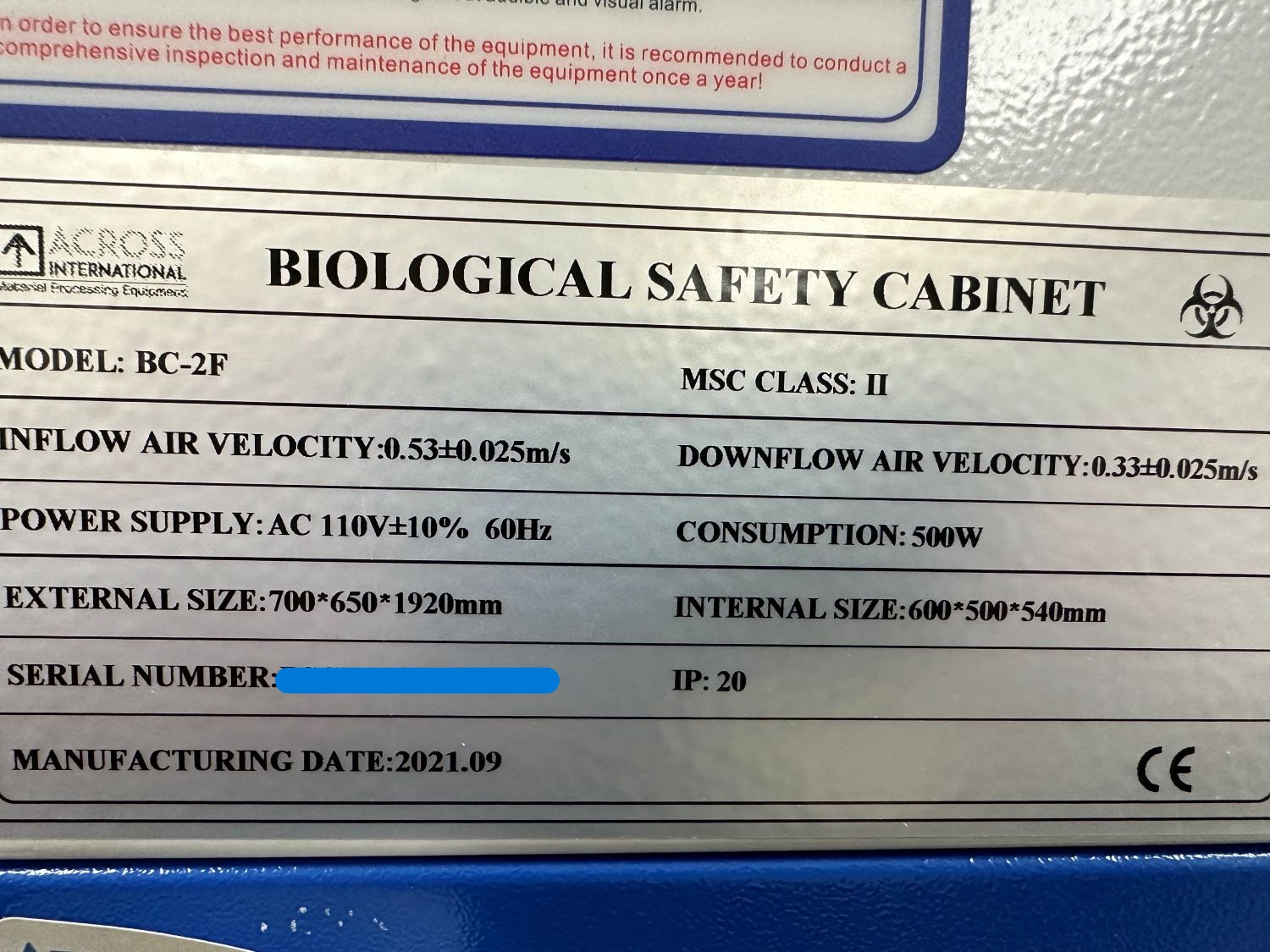 Across International Class II Type A2 Biosafety Cabinet Model BC-2F (Used) Item # UE-070825A