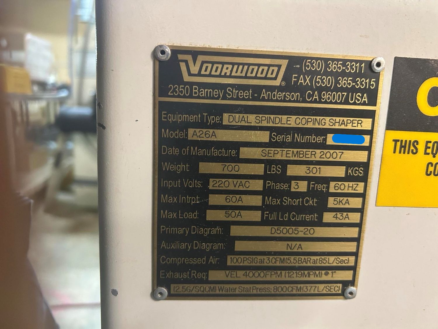 Voorwood A26 Dual Spindle Coping Shaper (Used) Item # UE-102025C