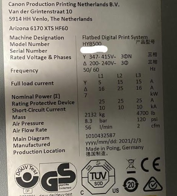 Canon Arizona 6170 XTS Mark I UV flatbed Printer (Used) Item # UE-111325B
