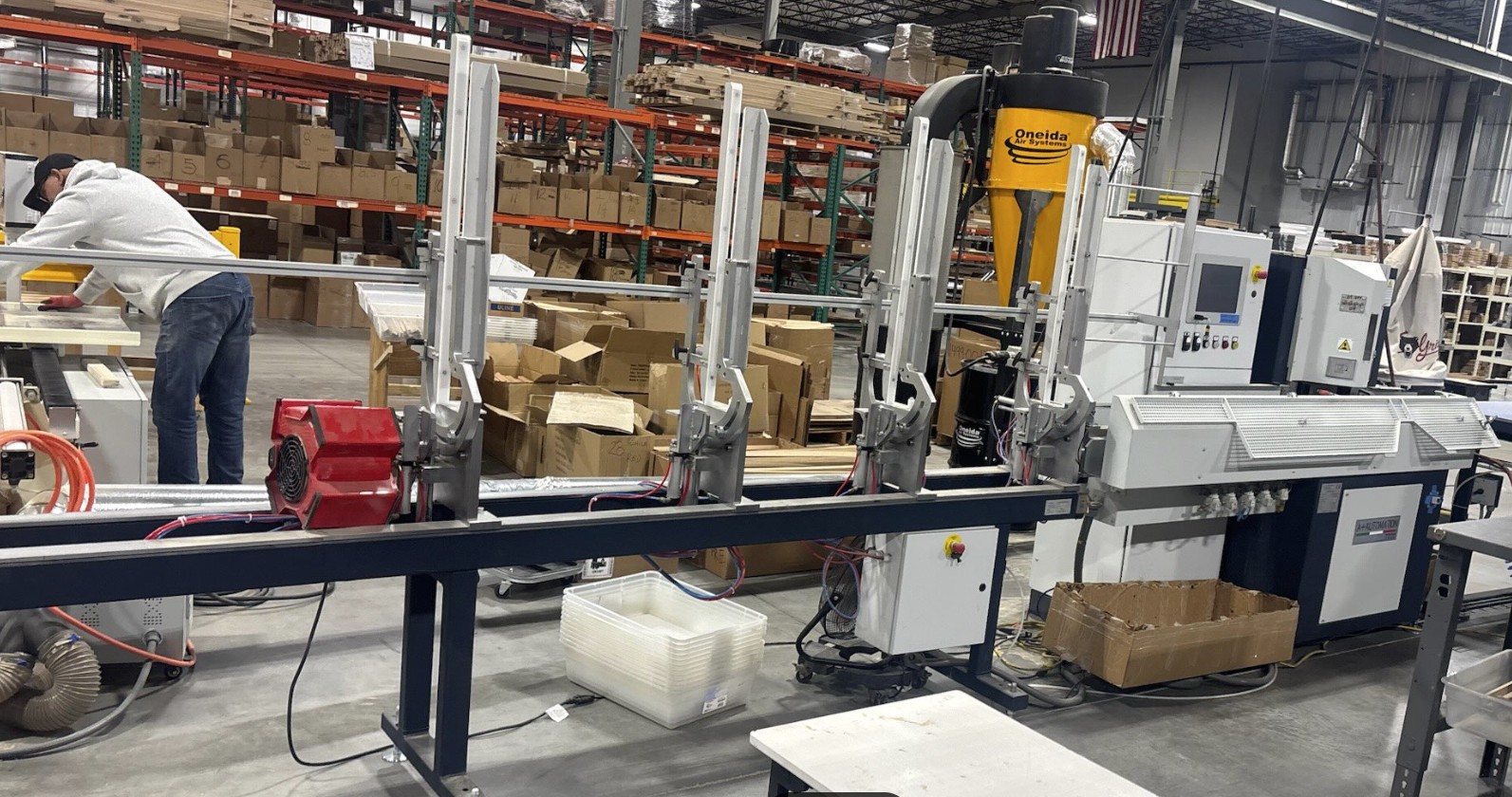 A Plus T-300A Auto Saw with vertical hopper and Integrated Kickoff Conveyor Belt (Used) Item # UE-022026B