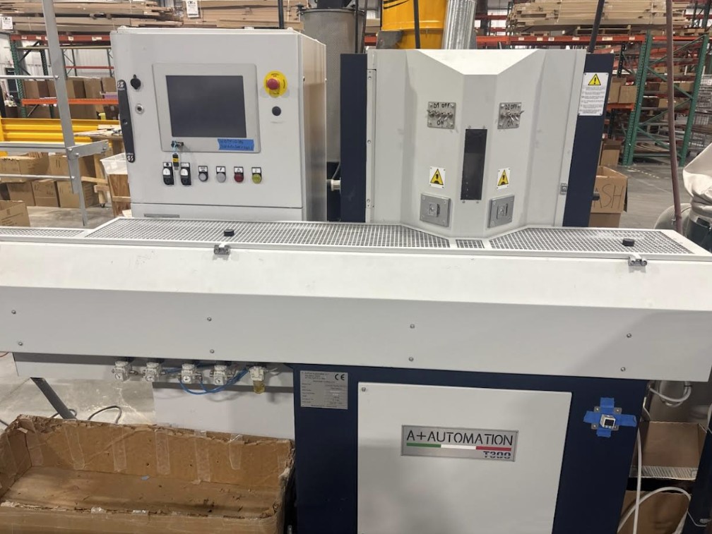 A Plus T-300A Auto Saw with vertical hopper and Integrated Kickoff Conveyor Belt (Used) Item # UE-022026B