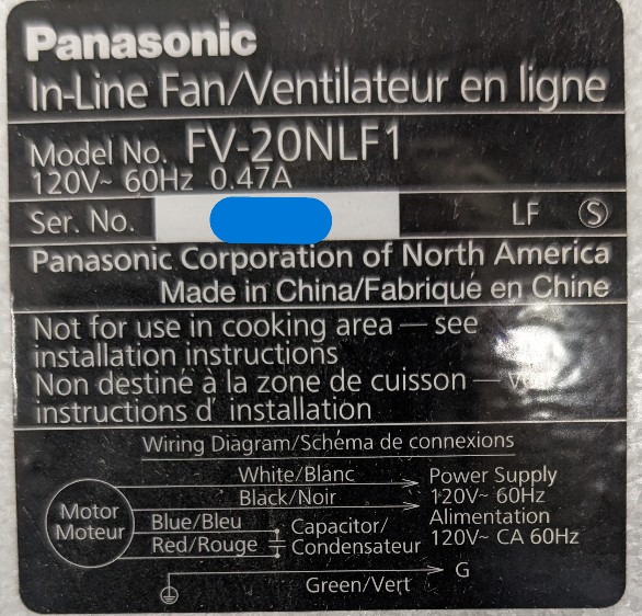 Panasonic In-line fan Model FV-20NFL Ventilation Fan (Used) Item # UE-030126C