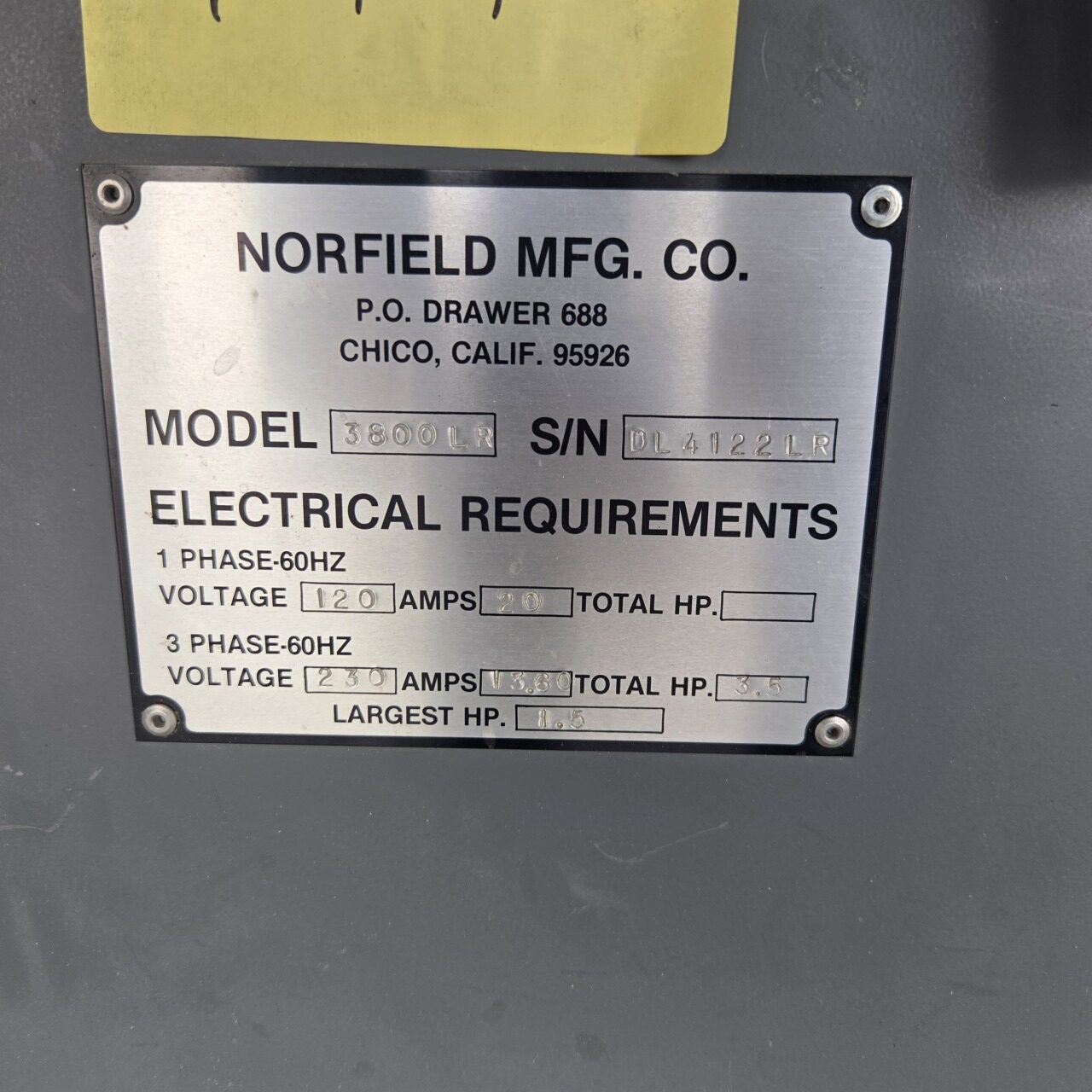 Norfield 3800LR Door Lite Machine (Used) Item # UE-043026D
