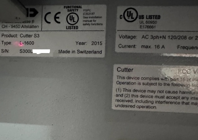 Zund S3 L-1600 CNC Digital Cutter w/ Overhead Camera System and Auto Roll Feeder (Used) Item # UE-050426A
