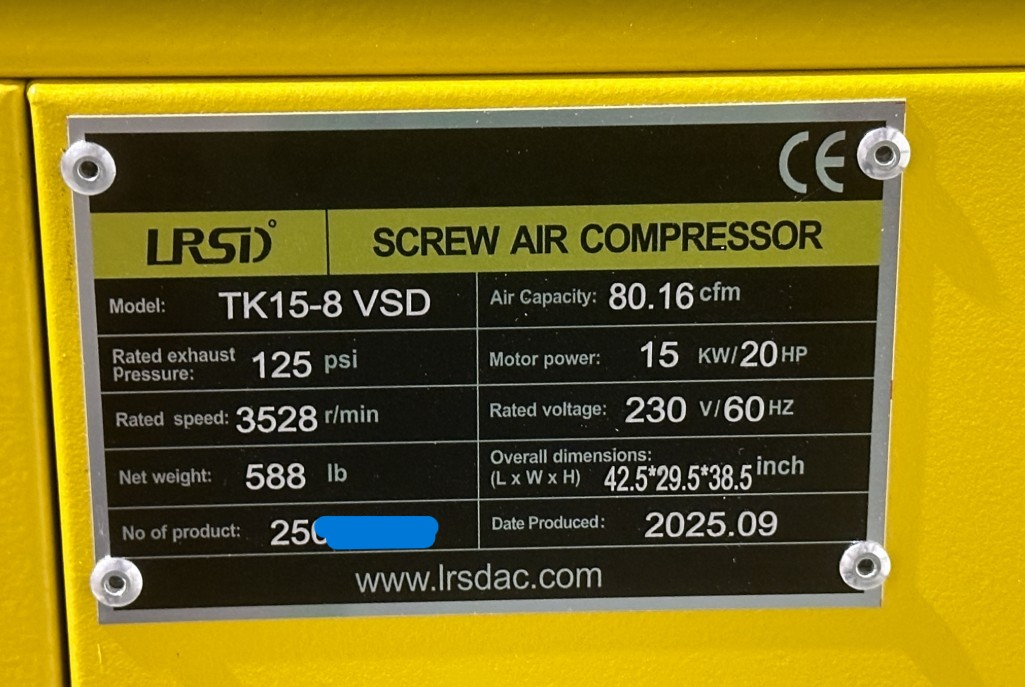 LRSD TK15-8 VSD VFD 20HP Rotary Screw air compressor w/ Dryer + 80 Gallon Tank (Used) Item # UE-092526D