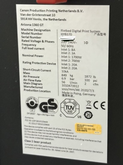 Canon Oce Arizona 1360 GT 4X8′ Flatbed Printer (Used) Item # UE-102726C